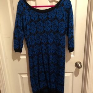 Vintage Blue and Black Rose Sweater Dress L 10/12